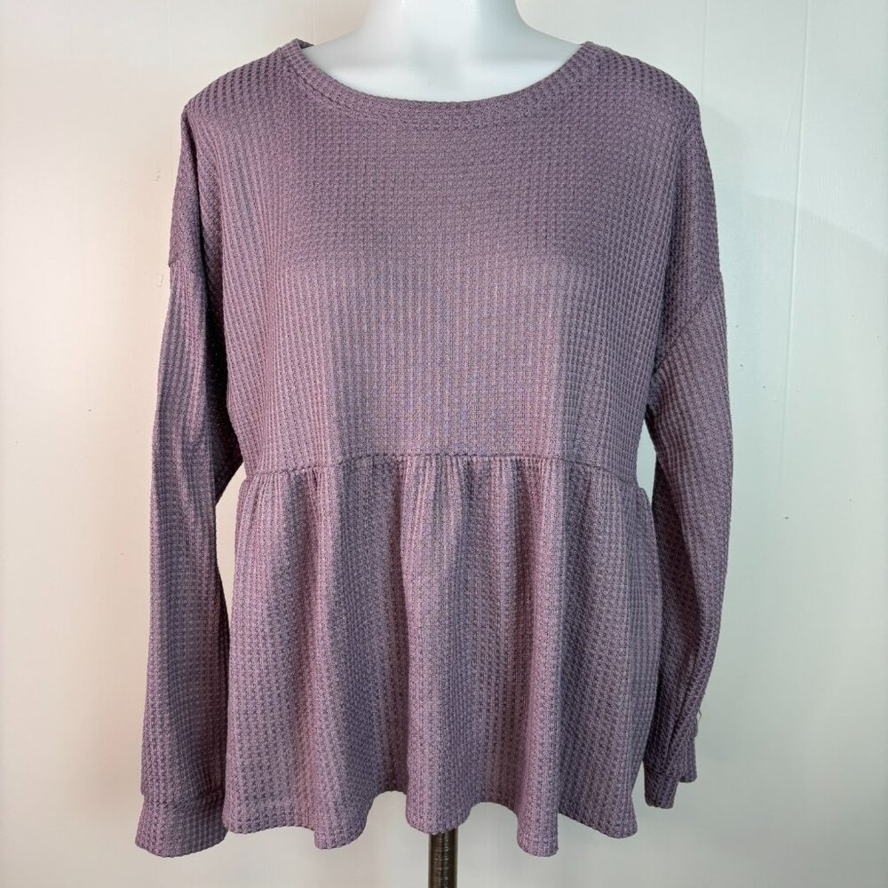 Knox Rose Top‎ Large Purple Babydoll Waffle Knit Long Sleeve Casual Boho Women's